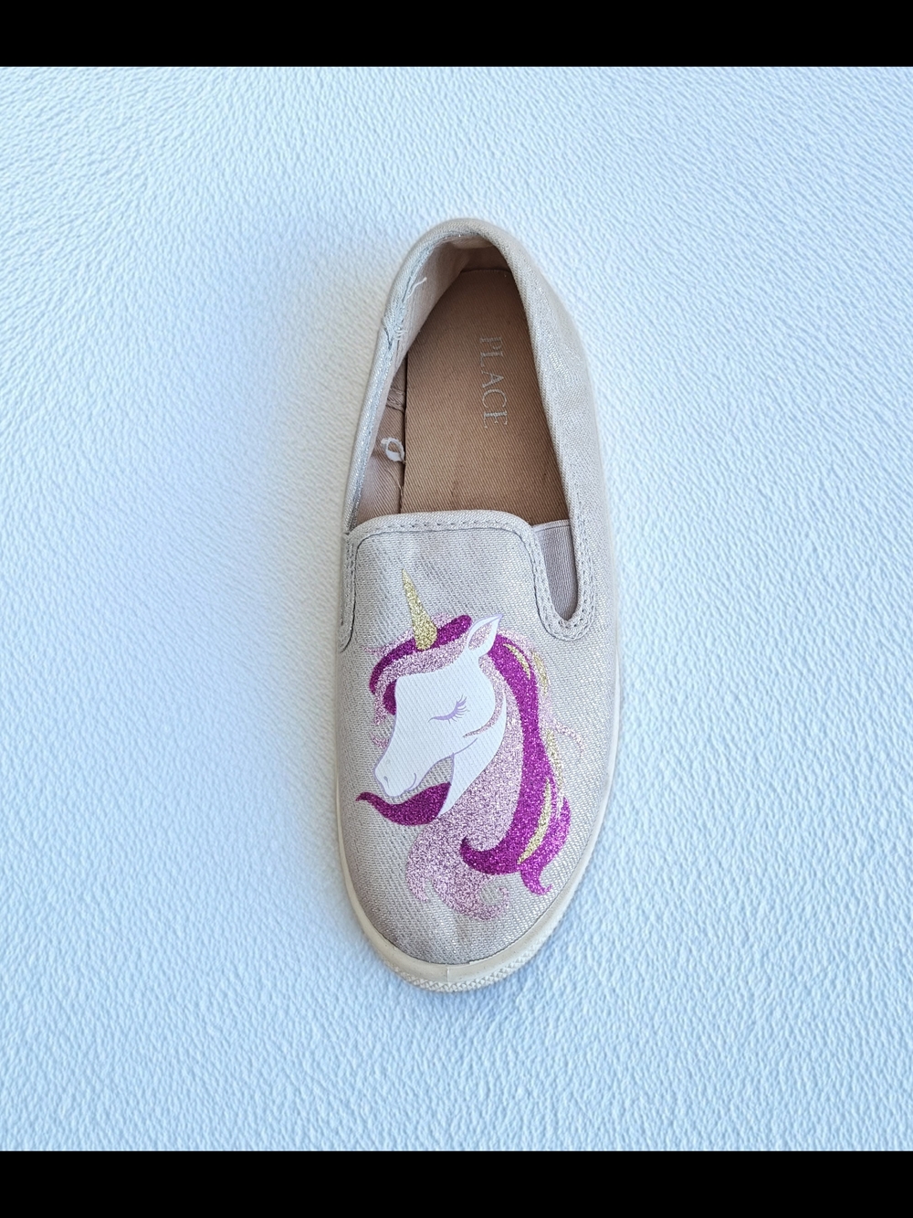 Place Girls' Unicorn Slip-On Sneaker - Beige with Pink & Gold Glitter